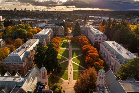 Aerial view of the UW Seattle campus in autumn