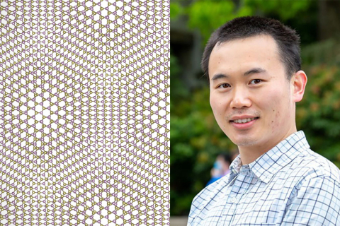 Ting Cao with a rendering of sheets of molybdenum ditelluride crystals that are stacked to create a lattice structure.