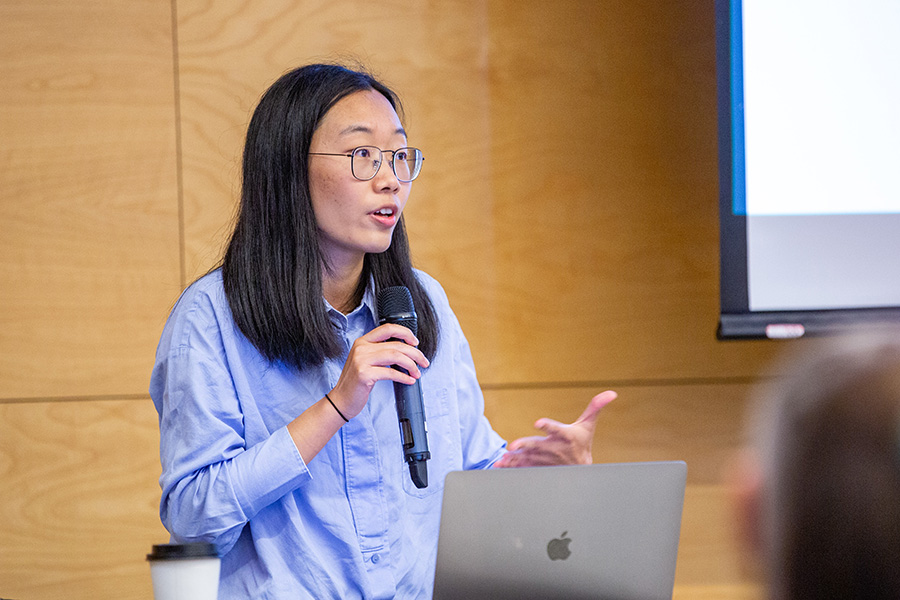 Graduate student Jimin Qian gives an oral research presentation