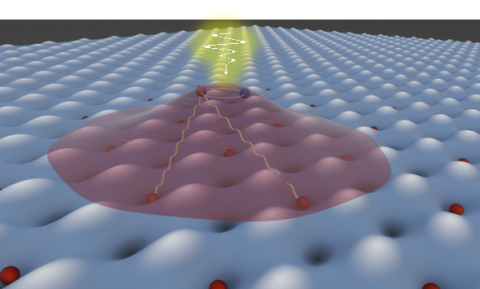 A cartoon depiction of the light-induced ferromagnetism that the researchers observed in ultrathin sheets of tungsten diselenide and tungsten disulfide.