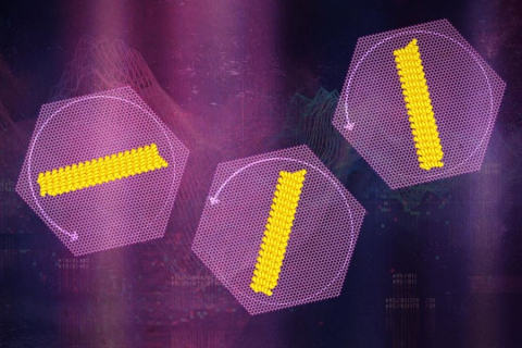 A series of three golden tubes representing proteins rotating on hexagonal representations of a mineral surface