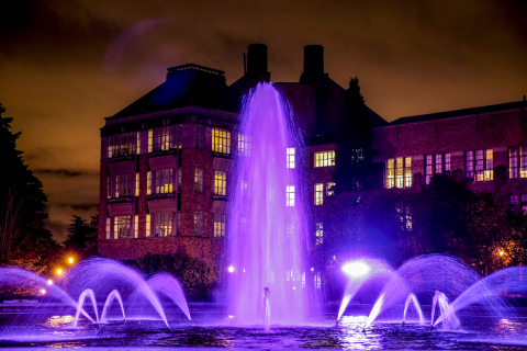 The Drumheller fountain lit up purple at night