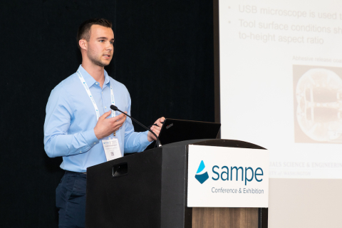 MSE Ph.D. student Caleb Schoenholz presenting his paper at the SAMPE URS 2022 competition