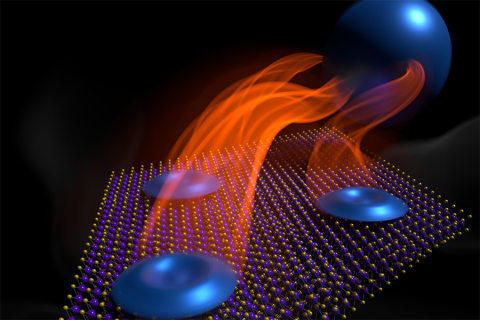 An artistic depiction showing electron fractionalization — in which strongly interacting charges can “fractionalize” into three parts — in the fractional quantum anomalous Hall phase.