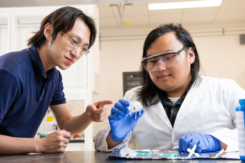 Photo of two people seated next to each other. The one on the right, an intern, is wearing lab safety gear and holding an object. The one on the left, a mentor, in regular work attire, is pointing at the object.